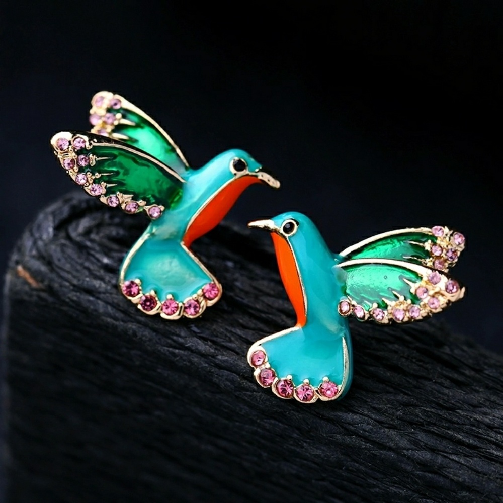 🎉HP🎉Blue Green Enamel Humming Bird Stud Earrings - Picture 4 of 8